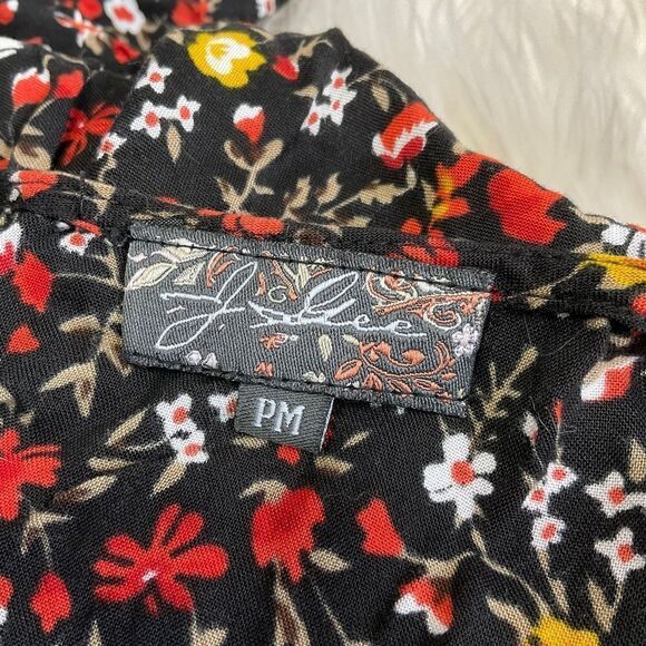 J Gee Black Red Ditsy Floral Button-Up 3/4 Sleeve Midi Boho Dress Medium Petite - Picture 8 of 12